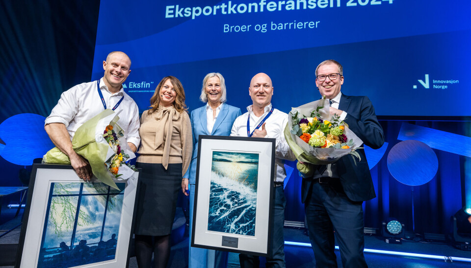 VANT I FJOR: Fra venstre: adm.dir. Matts Johansen fra Aker BioMarine, Statssekretær Anne Marit Bjørnflaten, adm.dir i Eksfin Tone Lunde Bakker, CEO i Pixii Kenneth Bodahl og adm.dir. Håkon Haugli i Innovasjon Norge