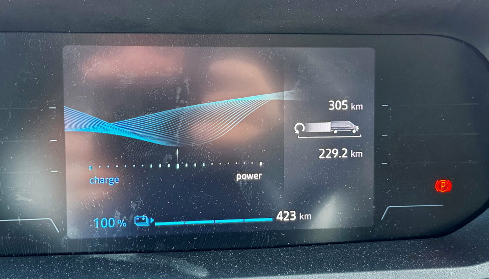 100 PROSENT: Gjettometeret lover over 40 mil etter vi har ladet batteriet fullt opp i gården hjemme.