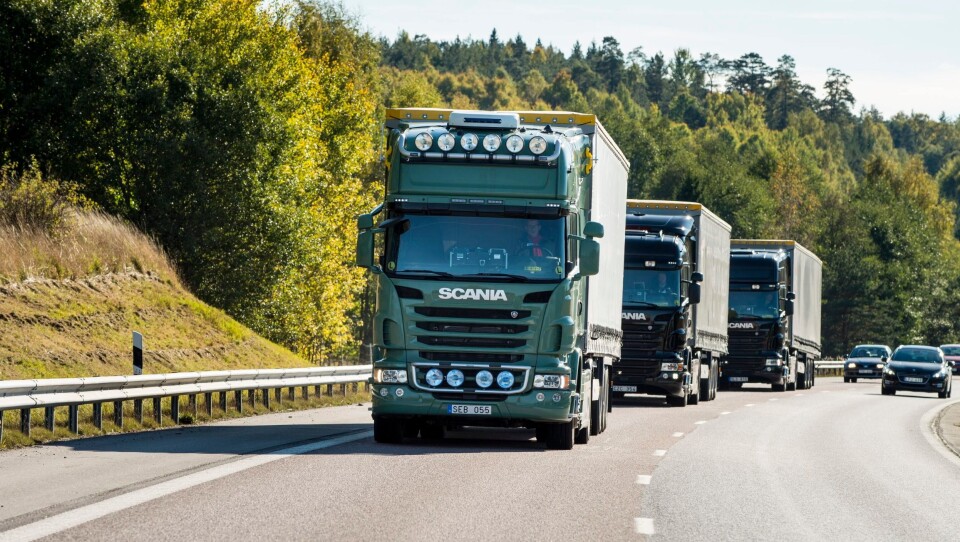 Scania jobber videre med teknologi for platooning. Her fra tester i Södertälje.