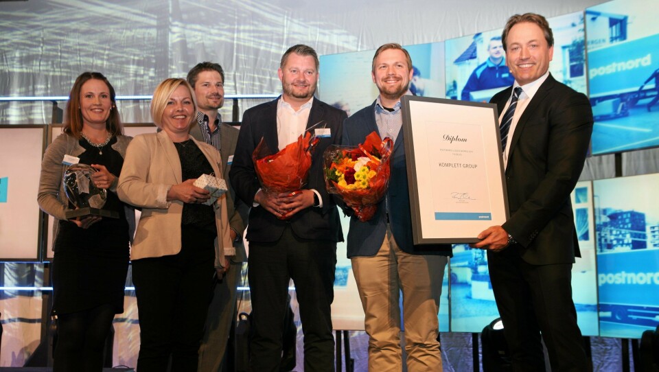 Logistikkpris til Komplett Group. Prisen ble tildelt på PostNords tradisjonelle Futurum-konferanse tirsdag. Fra venstre: Marie Bergstrøm, rådgivning PostNord, Kristine Martinsen, Key Account Manager, PostNord, Erik Lund, rådgivning PostNord, Kristoffer Opheim, Komplett, Bjørn Tore Svendsen, Komplett og Robin Olsen, adm. direktør PostNord. Foto: Per Dagfinn Wolden