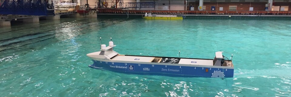 Modellskipet som ble testet i Trondheim er ennå ikke autonomt, men fjernstyrt.