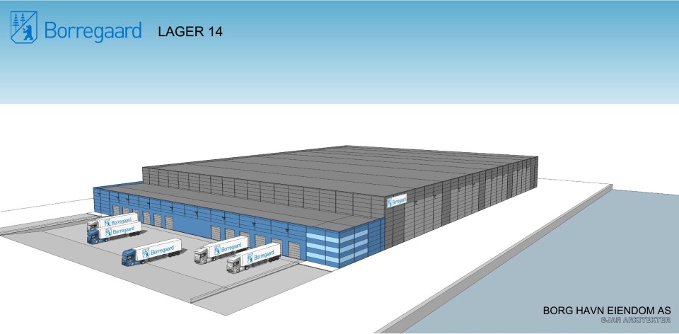 PLANEN: Borregaards lager på Øraterminalen i Fredrikstad vil kunne stå ferdig i 2019. Illustrasjon: Bjar Arkitekter.