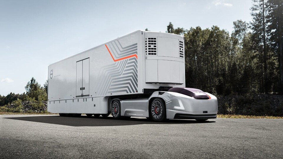 Skisse til nytt selvkjørende vogntog fra Volvo Trucks som skal realiseres i nær fremtid og styres fra skyen.
