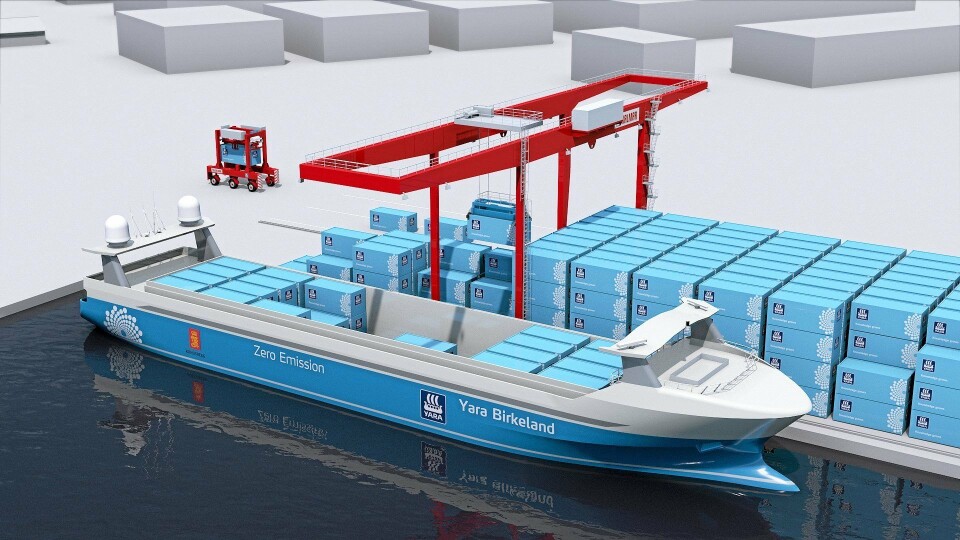 Tegning Yara Birkeland ved kai på Herøya, der containere lastes og losses automatisk om bord i det autonome skipet.