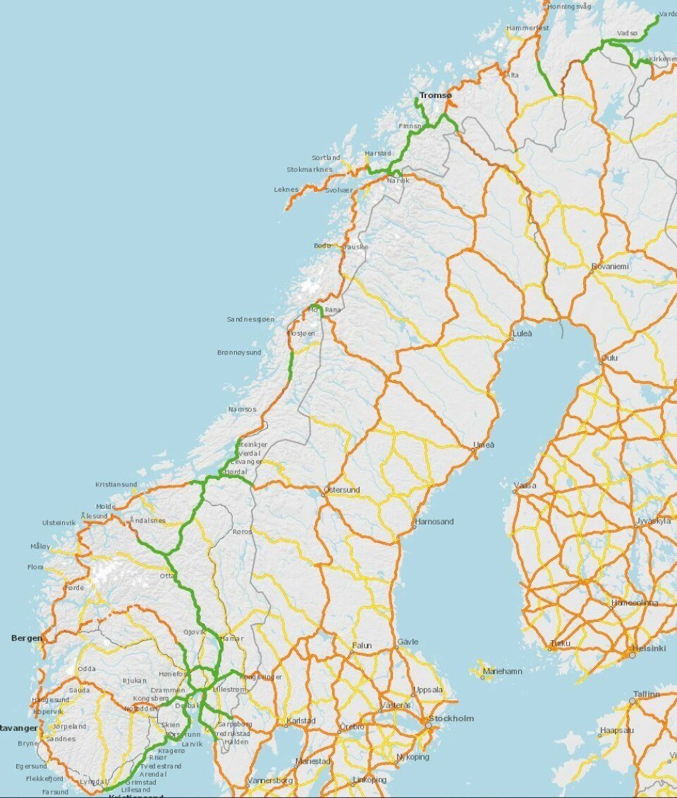 OVERSIKT: Kartet er digitalt og dynamiske og kan zoomes ned til den enkelte tilknytningsstrekning. Søk vegvesen.no/vegkart og søk bruksklasse og modulvogntog.