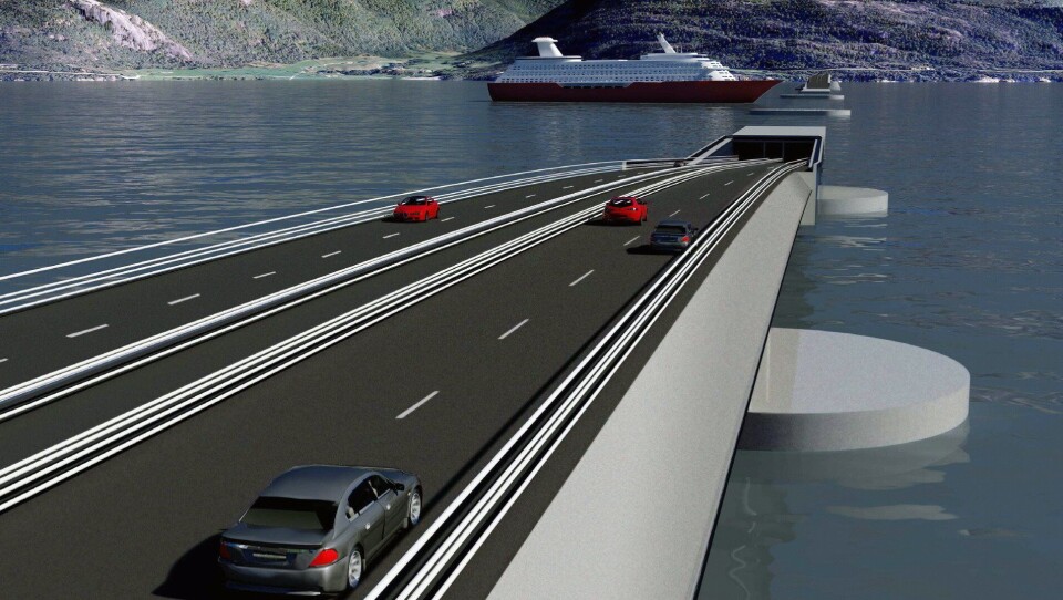 LUFTSLOTT: Fergefri E39 har vært på bordet i flere tiår. Det tar nok noen tiår til. Her fra et av forslagene til krysning av Sognefjorden. Ill: Sweco