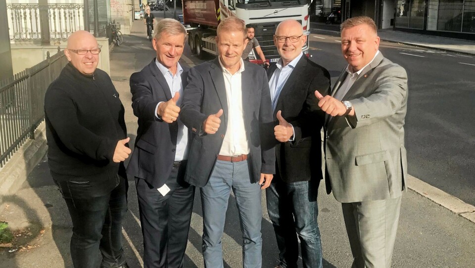 Jo Eirik Frøise, Prosjektleder for konferansen Transport & Logistikk 2019, Trond Andersen prosjektleder messe, Norges Varemesse, , Are Kjensli, administrerende direktør i NHO Logistikk & Transport, styreleder Hans Otto Vestli, Påbyggergruppen i Norsk Industri og Geir A. Mo administrerende direktør i Norges Lastebileier-Forbund.