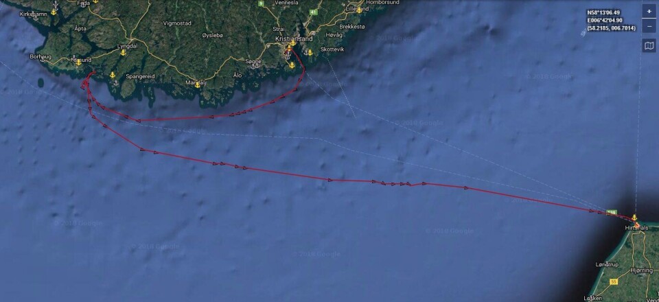 – Nå frakter vi fisken samme vei som Terje Vigen rodde, sier Carl-Erik Arnesen i Hav Line. Her kart fra marinetraffic.com som viser Norwegian Gannets rute fra opplag i Kristiansand, via Farsund til Hirtshals.