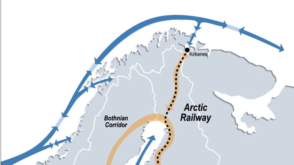 Strekningen mellom Rovaniemi og Kirkenes er 500 km, men noen jernbane blir trolig aldri bygget her. Strekningen mellom Rovaniemi og Kirkenes er 500 km, men noen jernbane blir trolig aldri bygget her.