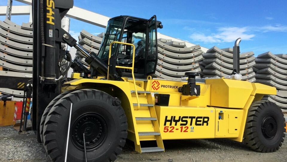 ProTruck solgte bare seks Hyster-maskiner i Norge i 2018. Dette er en 52-tonner som jobber på Follobanen, og som er levert tidligere.