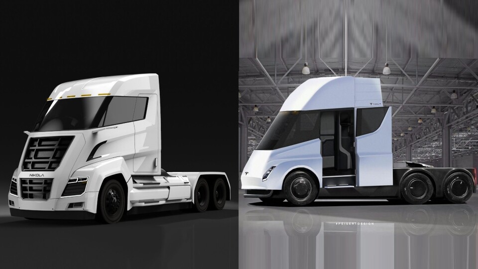 GANSKE LIKE: Nikola Motors har saksøkt Tesla for kopiering av lastebildesign. Til venstre: Nikloa Two, til høyre Tesla Semi.
