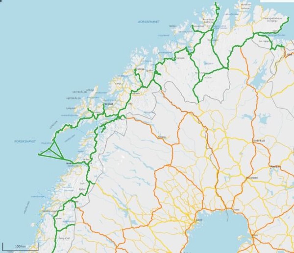 OMFATTENDE: Om det blir gjennomslag vil modulvogntognette bli landsomfattende på hele riksvegnettet og deler av fylkesvegnettet.Det vil gjelde på vegnettet som vises på kartene og enda flere. Illustrasjonene er hentet fra kartdatabasen på vegvesen.no og viser deler av tømmervogntognette som gjelder for 24 meter lange tømmerbiler.