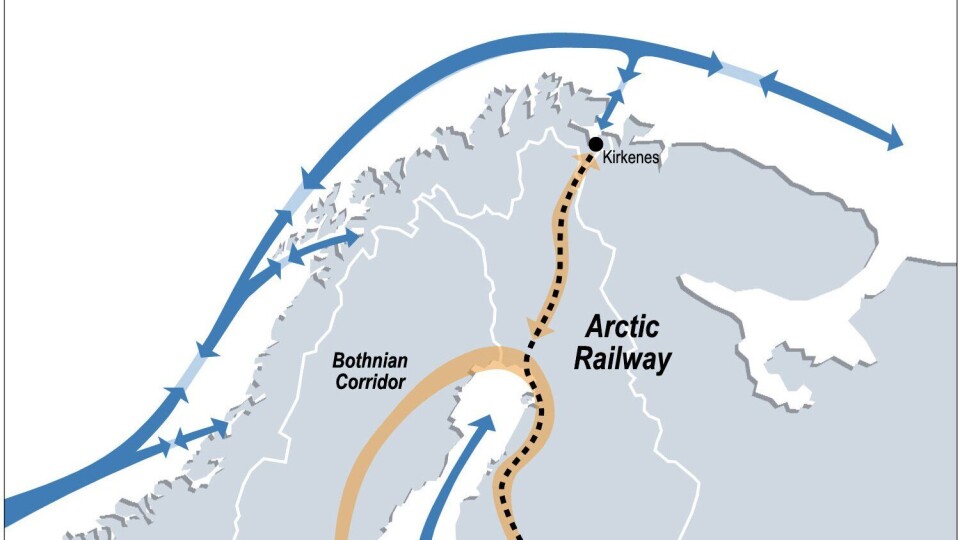Strekningen mellom Rovaniemi og Kirkenes er 500 km, men noen jernbane blir trolig aldri bygget her. (Illustrasjon: Arctic Corridor)