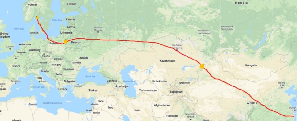 Ruten går fra Yuyao i Kina via Kasakhstan, Russland, Hviterussland, Polen og Sverige. – Vi er litt spente på hvor lang tid grensepasseringene vil ta, sier Vegard Kristiansen i Prime Cargo. Ruten går fra Yuyao i Kina via Kasakhstan, Russland, Hviterussland, Polen og Sverige. – Vi er litt spente på hvor lang tid grensepasseringene vil ta, sier Vegard Kristiansen i Prime Cargo.