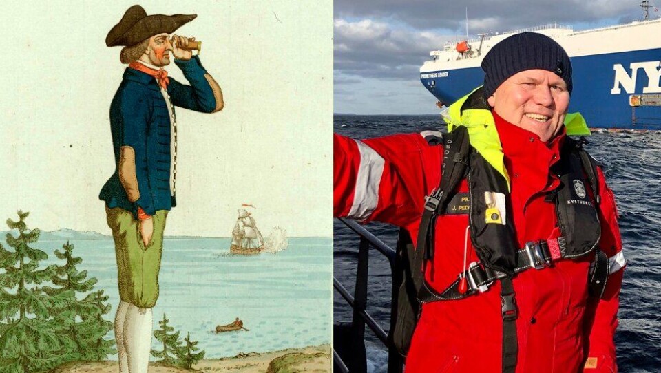 Los på1700-tallet til venstre (Foto: Norsk Folkemuseum) - og statslos Jim Pedersen i 2020 til høgre.