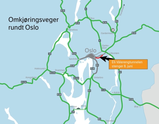 Ett av løpene i Vålerengtunnelen vil være stengt fra 8. juni 2020 til februar 2021. Kartet viser andre veier som kan være alternativ når Oslo skal passeres.