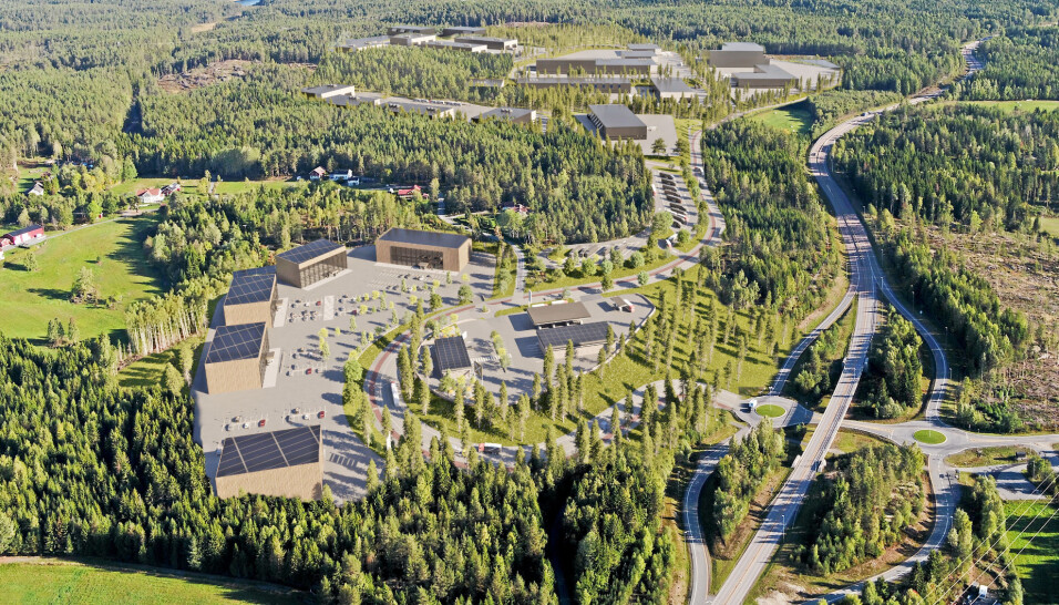 STORE PLANER: Fiskumparken ligger rett ved E134, en av stamveiene mellom Oslo og Bergen, som også har god forbindelse til Rogaland. Tomtene nærmest på illustrasjonen bygges nå først, mens utbygging av de store tomtene i bakgrunnen ligger litt lenger frem i tid.