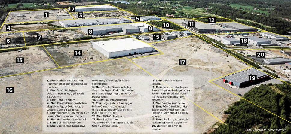 I vår laget MT denne oversikten over tomtene på Vestby Næringspark Øst. NDIs nye lager skal bygges på tomt 4. OBS: eierforholdene kan være forandret siden vi laget denne oversikten.