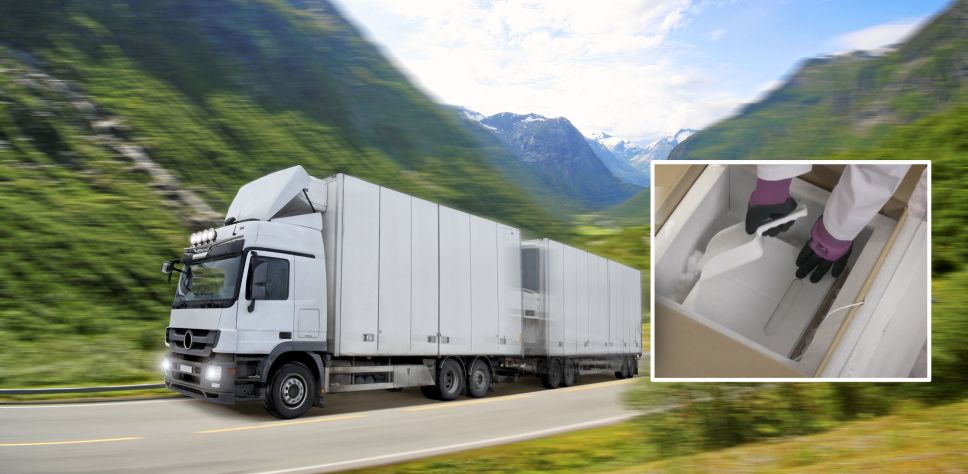 Lastebilene som skal distribuere korona-vaksinene i Norge, vil ikke skille seg ut fra andre transporter langs veien.