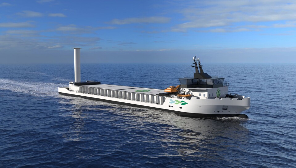 Felleskjøpet Agri SA får 12,3 millioner kroner gjennom Pilot-E til å realisere et nullutslipps-skip for frakt mellom Vestlandet og Østlandet. (Illustrasjon: Vard Engineering)
