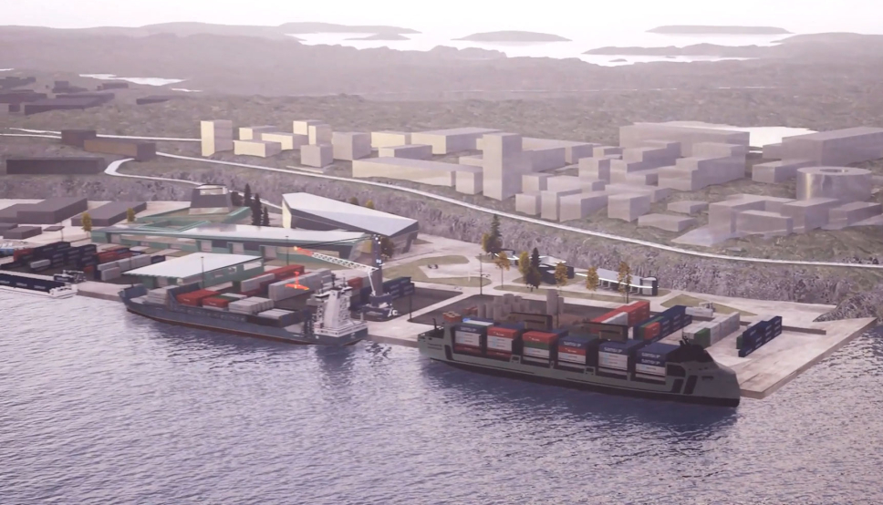 Skjermbilde fra animasjonsfilm laget om hvordan godshavnen på Ågotnes vil se ut.