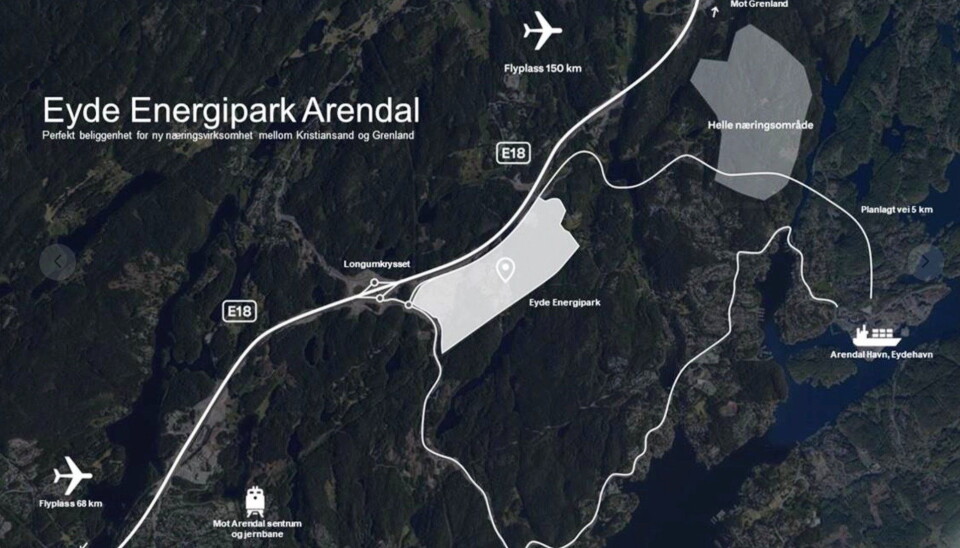 Eyde Energipark Arendal skal ligge kloss inntil E18, og det er planlagt en ny vei ned til havna.