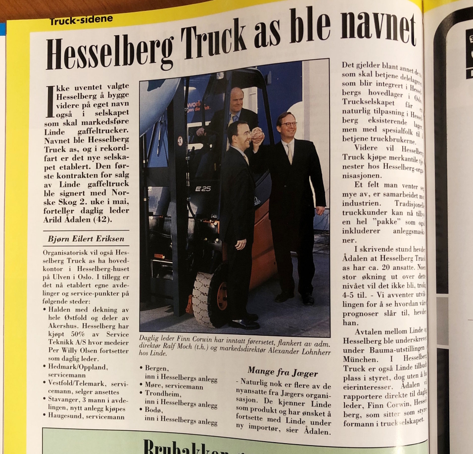 20 ÅR SIDEN: Fra Moderne Transports mai-nummer i 2001, da det ble klart at Hesselberg Truck var etablert og skulle selge Linde i Norge.