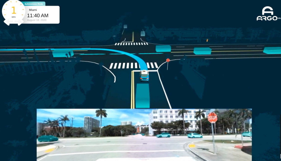 TRAFIKK: Her ser vi en fullstopp situasjon i Miami hvor bilen må lese en kompleks trafikksituasjon med tett trafikk og finne en åpning hvor den trygt kan svinge til venstre.