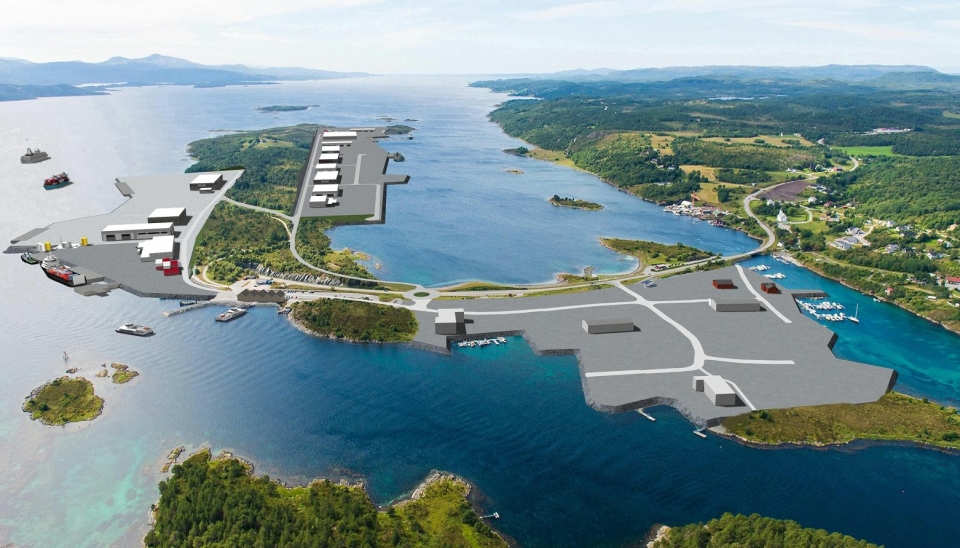 llustrasjon over Jøsnøya med Hitra Kysthavn til venstre, Hitra Industripark Vest bak i midten og Hitra Industripark Øst nede til høyre. Foto: Hitra kommune.