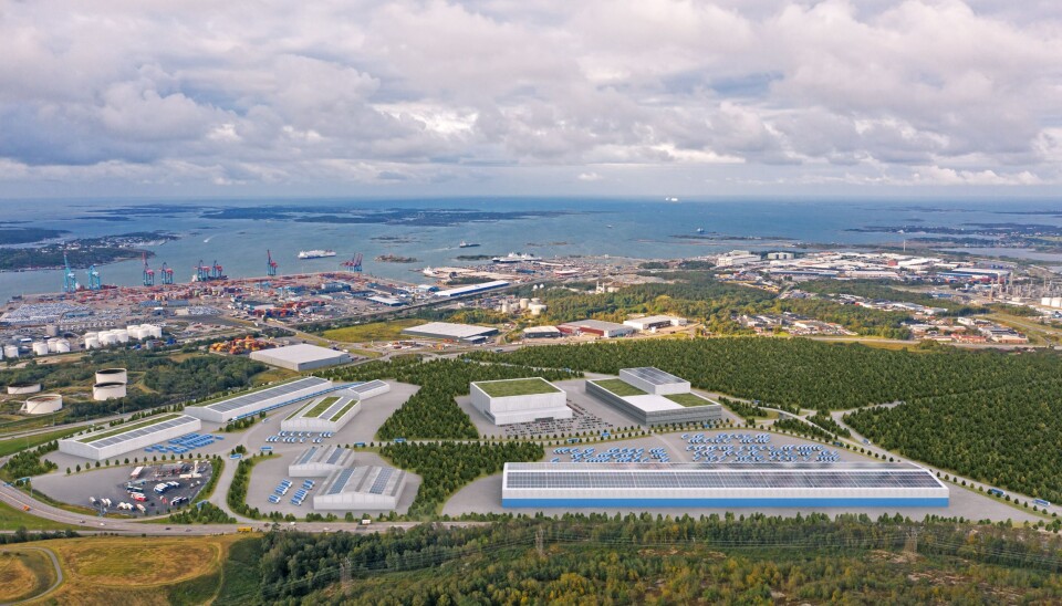 Visjonsbilde av hvordan logistikknutepunktet Halvorsäng i Göteborg havn kan ta form. Foto: Göteborg Hamn AB.