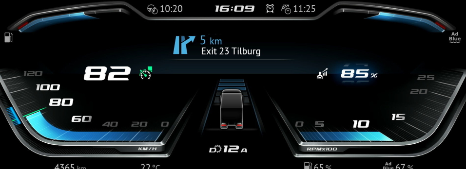 PERSONALISERING: Layouten kan velges mellom moderne som her og classic. Videre kan føreren individualisere informasjonen i til venstre, i midten og til høyre i instrument-skjermen.