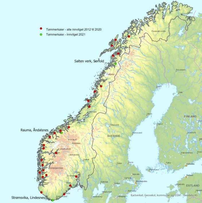 Kartet viser tømmerkaienes lokalisering – tilskudd i perioden 2012-2021. De røde punktene er tømmerkaier som har fåt tilskudd i perioden 2012-2020. De grønne er kaier som har fått tilskudd i inneværende år. Kart: Landbruksdirektoratet.