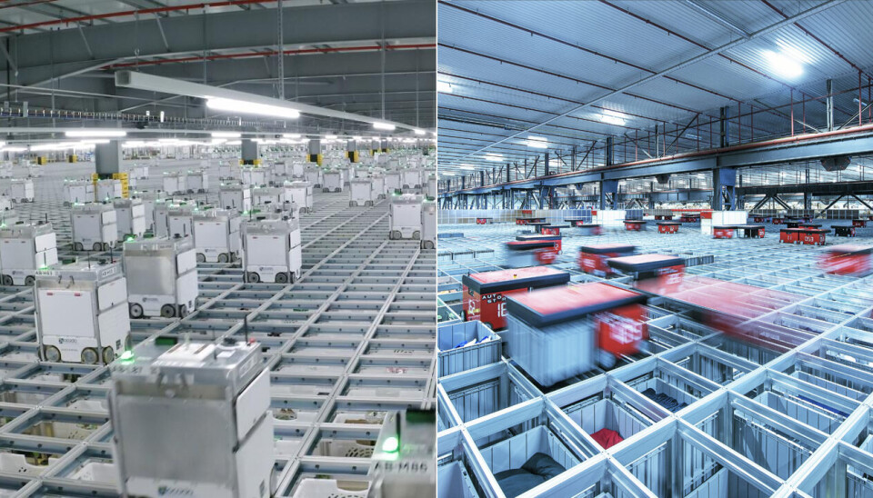 MISTENKELIG LIKT: Ocado Smart Platform (til venstre) er mistenkelig lik Autostores system.