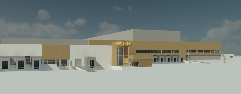 Denne skissen har Ikea sendt ut sammen med sin pressemelding om det nye lageret.