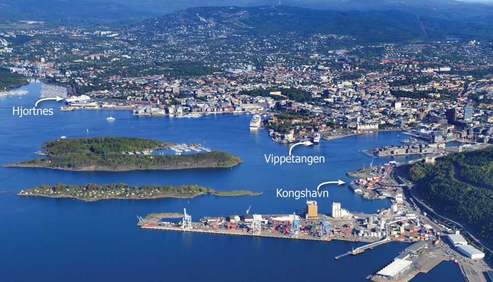 DE TER LOKASJONENE: Hjortneskaia der Kiel-fergen går fra i dag, Vippetangen der Købenavn fergene går fra og Kongshavn dit Plan- og byggningsetaten mener alt bør flyttes til.