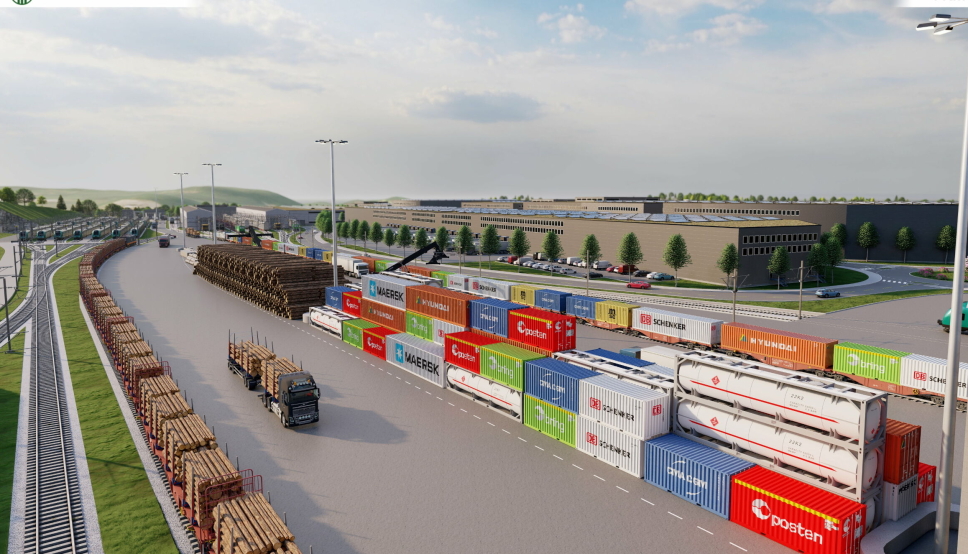 AMBISJONEN: Kopstad godsterminal slik Oslofjord Logistikk ser det for seg, med både multimodal jernbaneterminal og tømmerterminal samt store lagerbygg og -terminaler.