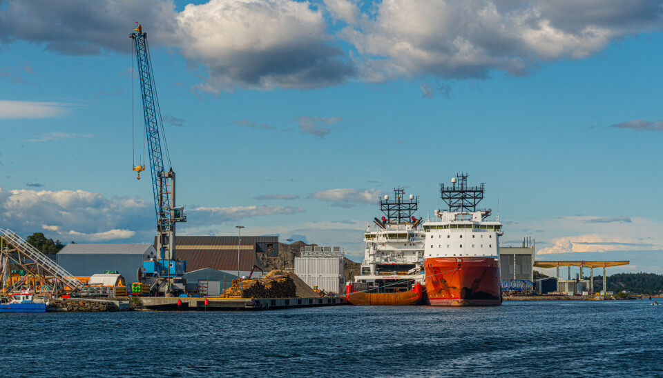Arendal, Norway - July 15 2015: AHTS, anchor handling tug supply vessels laid up at Eydehavn.Arendal havn skip supplyskip Arendal, Norway - July 15 2015: AHTS, anchor handling tug supply vessels laid up at Eydehavn.Arendal havn skip supplyskip