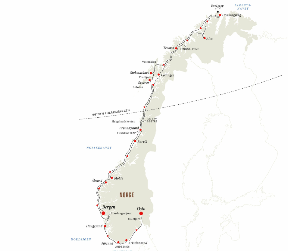 En av de nye rutene vil gå fra Bergen til Honningsvåg og så til Oslo.