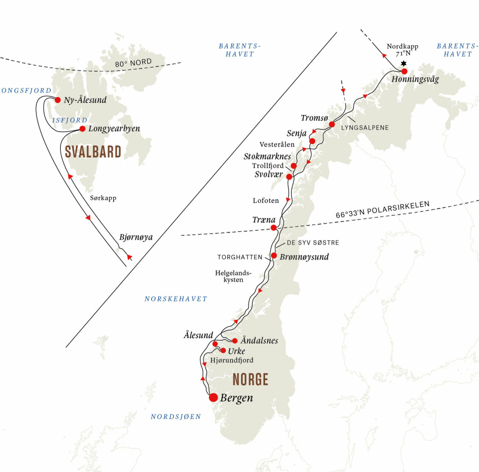 Slik vil ruten til Svalbard se ut.