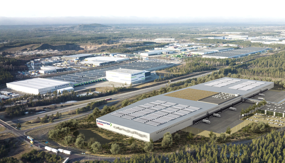 Det nye lageret (illustrert i forgrunnen) blir liggende på motsatt side av E4 fra dagens anlegg.