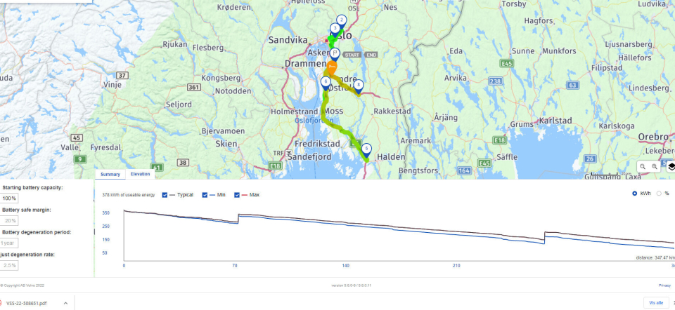 Slik kan en arbeidsdag se ut for en elektrisk trekkvogn i Smart Returs tjeneste, gitt at det blir etablert hurtigladere hos Smart Retur på Fugleåsen.