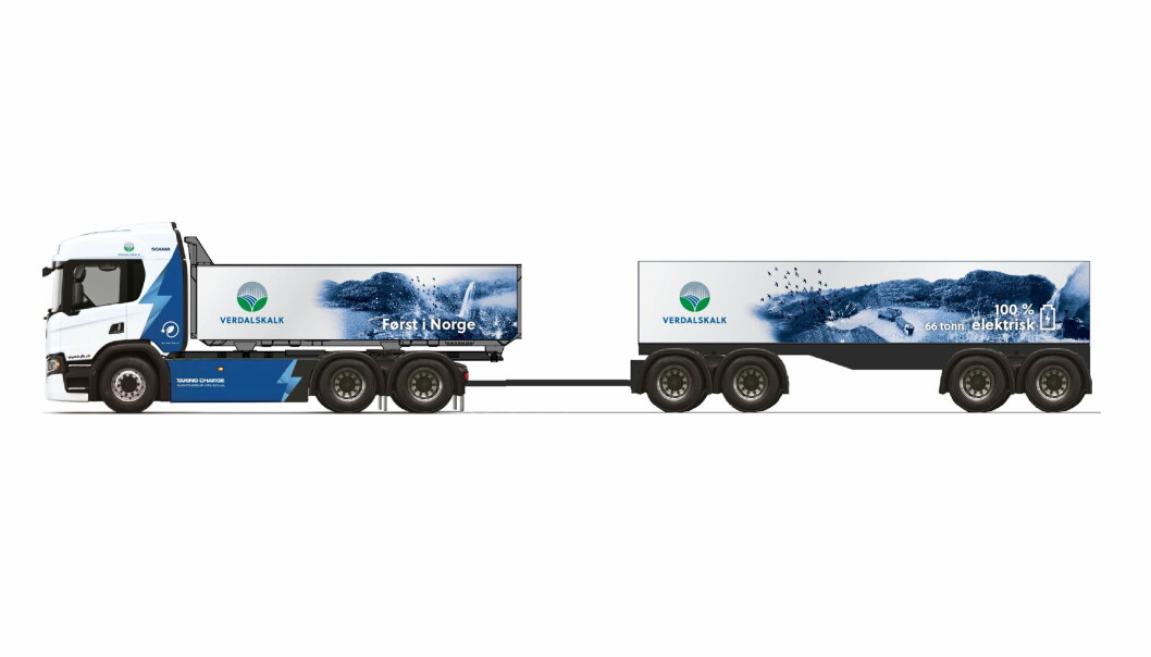 Et slik Scania 45P-vogntog skal settes i trafikk mellom kalkbrudd og havn i Verdal. Et slik Scania 45P-vogntog skal settes i trafikk mellom kalkbrudd og havn i Verdal.