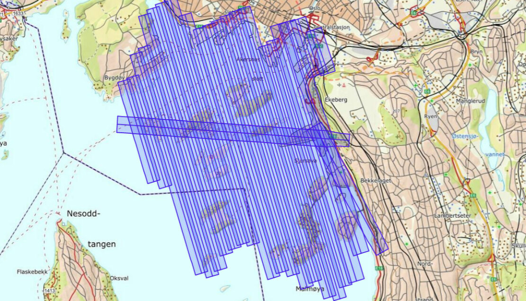 De skraverte områdene skal etter planen kartlettes av fly med laser denne uken.