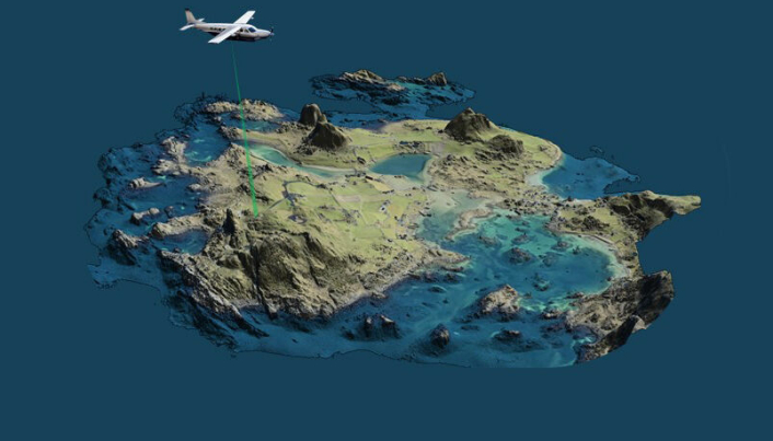 ILLUSTRASJON: Laserscanning fra fly med bruk av Lidar-teknologi. Teknologi under uttesting som kombinerer kartlegging av landareal og grunne sjøområder. Illustrasjon: Teletyne Optech.