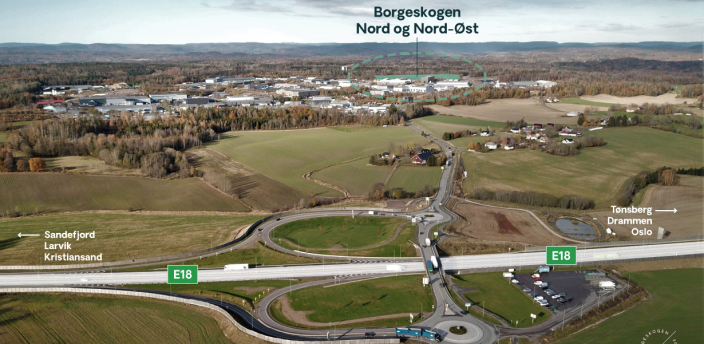 Borgeskogen ligger to minutter unna E18 i Sandefjord kommune.