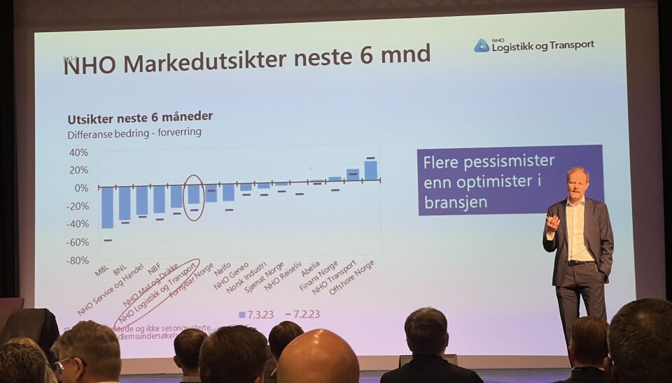 Under sitt foredrag på Logistikkdagen Østfold, viste Are Kjensli frem undersøkelser som viser at norske næringslivsledere er mer pessimistiske enn optimistiske om markedsutsiktene de neste seks måneder. Under sitt foredrag på Logistikkdagen Østfold, viste Are Kjensli frem undersøkelser som viser at norske næringslivsledere er mer pessimistiske enn optimistiske om markedsutsiktene de neste seks måneder.