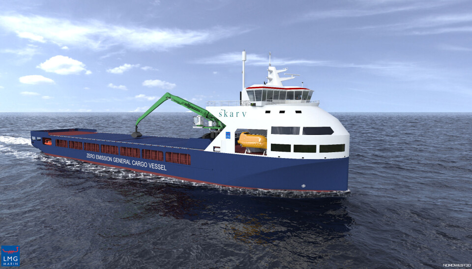 Slik kan ett av skipene til Skarv Shipping Solutions kunne se ut. Fartøyene vil potensielt ha en utslippsreduksjon 90 prosent sammenlignet med tilsvarende tradisjonelle skip. Ill. NORDWEST3D Slik kan ett av skipene til Skarv Shipping Solutions kunne se ut. Fartøyene vil potensielt ha en utslippsreduksjon 90 prosent sammenlignet med tilsvarende tradisjonelle skip. Ill. NORDWEST3D