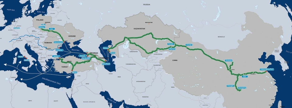 Den transkaspiske internasjonale transportruten (TITR) starter fra Sørøst-Asia og Kina, går gjennom Kasakhstan, Det kaspiske hav, Aserbajdsjan, Georgia og videre til europeiske land. Bilde: middlecorridor.com
