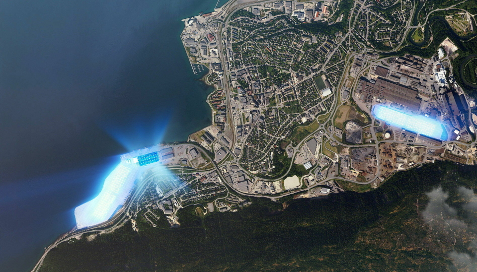 MO I RANA: Testfabrikken som er i drift er den litt mørkeblå firkanten ved kaia på bildet, mens Giga Arctics plassering er markert med lysende blått til høyre. Her ser man også tungtransportveien som går mellom industriparken og ned til Rana Industriterminal.