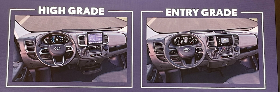 TO VARIANTER: Bilen på arrangementet var låst, så det eneste glimtet vi fikk av interiøret er fra denne presentasjonen. Her ser vi at det vil være to ulike interiørløsninger. Det kan se ut som om 'High Grade' versjonen har et eget touchpanel for å styre klimaanlegget.